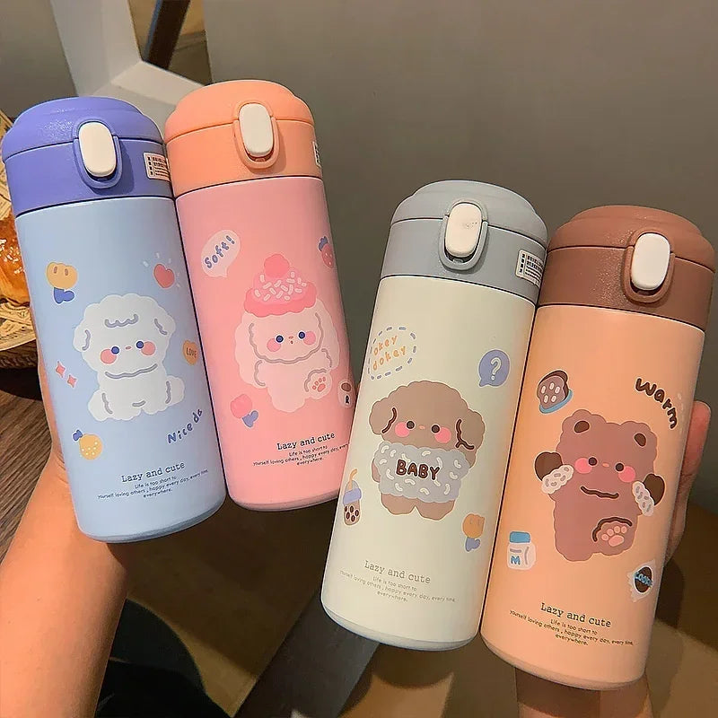 Axyaa 380ml Stainless Steel Vacuum Flask with Straw - Cute Thermal Insulation Water Bottle