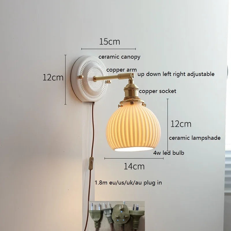 Axyaa Ceramic LED Wall Sconce with Adjustable Copper Arm - Pull Chain Switch