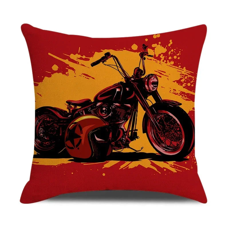 Retro Motorcycle Girls Linen Pillow Cover by Axyaa