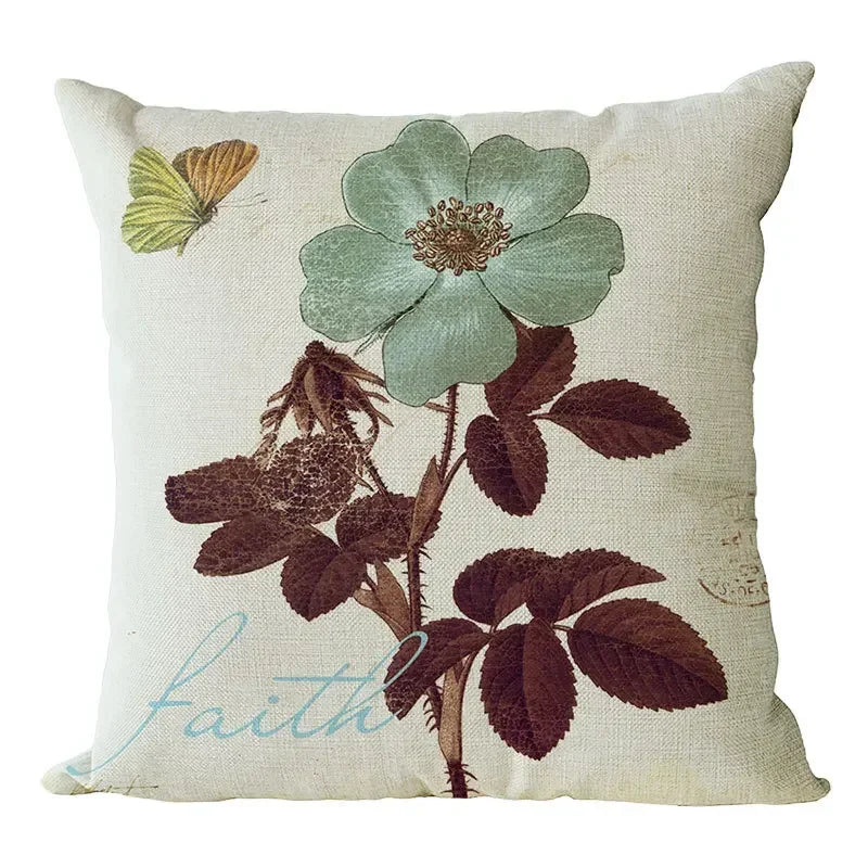 Axyaa Retro Flowers Butterfly Linen Pillow Cover for Living Room Sofa - 45x45cm