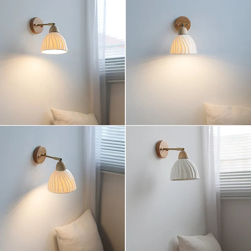 Axyaa White Ceramic LED Wall Sconce – Wooden Socket Stair Wall Light
