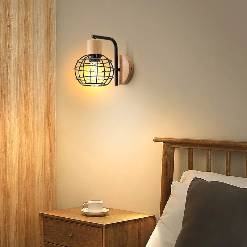 Iron Wood Wall Lamp Shade E27 for Bedroom Living Room by Axyaa