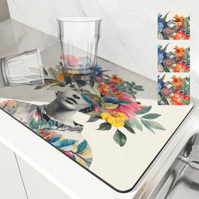 Axyaa Floral Drying Mat: Non-Slip Absorbent Placemat for Kitchen Counters & Tables