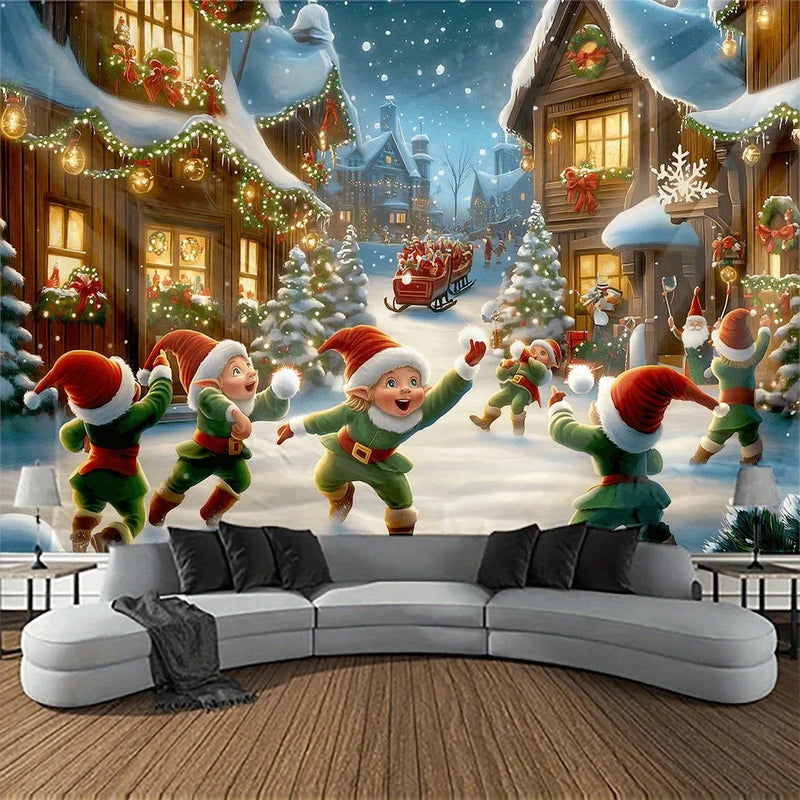 Axyaa Small Town Christmas Elf Tapestry for Home & Outdoor Decoration