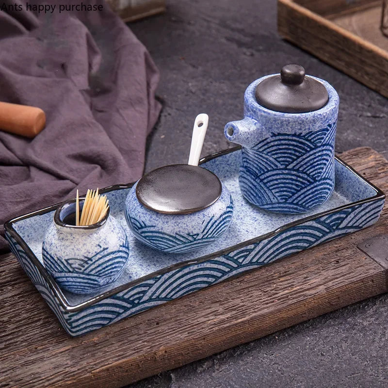 Axya Blue Fish Pattern Ceramic Spice Jar Set with Tray and Condiment Bottles