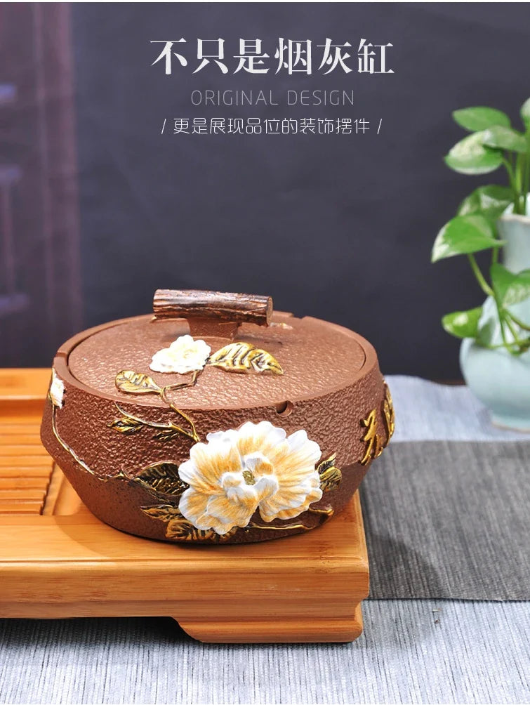 Axya Decorative Ashtray with Lid - Chinese Retro Style for Home and Office