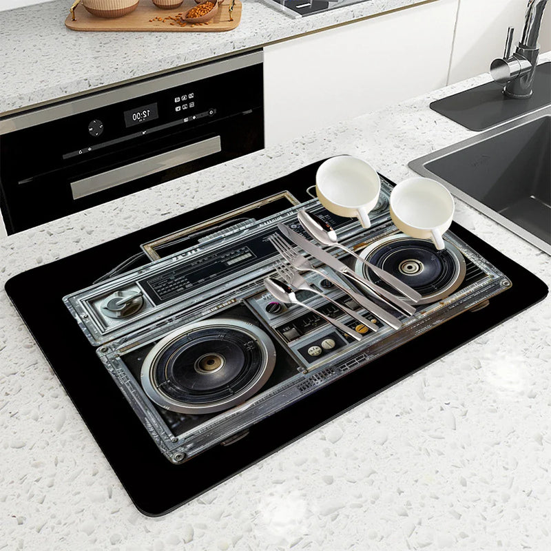 Axyaa Vintage Sound Desk Drain Pad, Heat Resistant Non-slip Dish Drying Mat