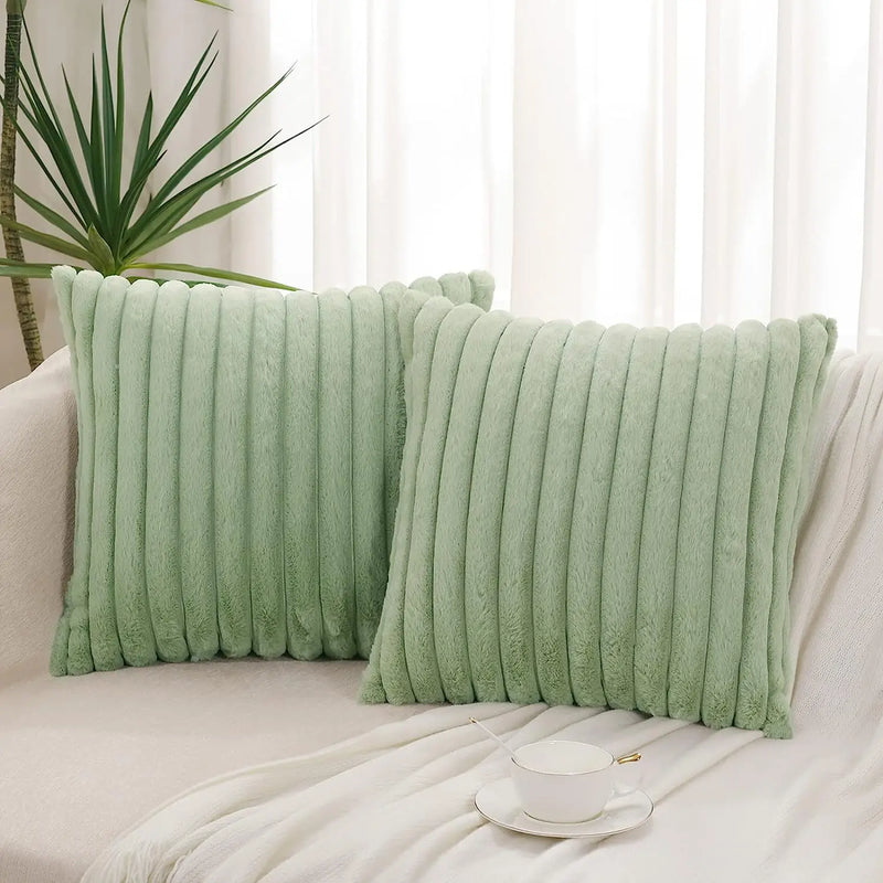Axyaa White Green Rabbit Hair Cushion Cover Set - Modern Luxury Sofa Pillows