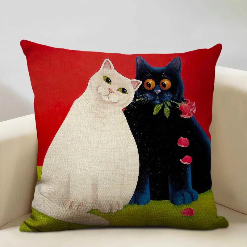Axyaa Cat and Dog Pattern Cushion Cover 45x45cm Linen Square Pillowcase