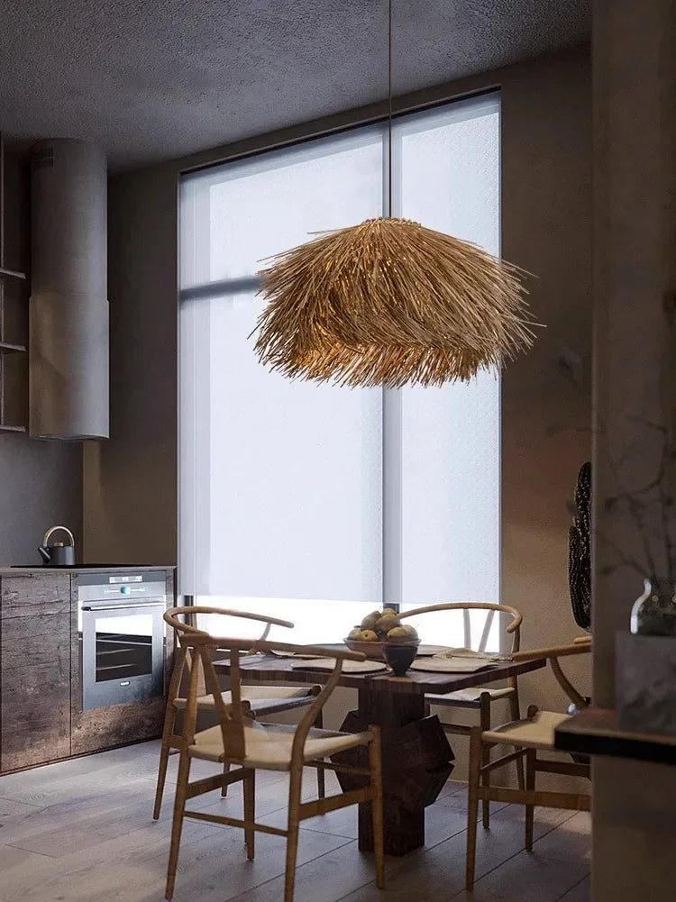 Axyaa Wabi Sabi Retro LED Pendant Lights - Hand Woven Rattan Chandelier
