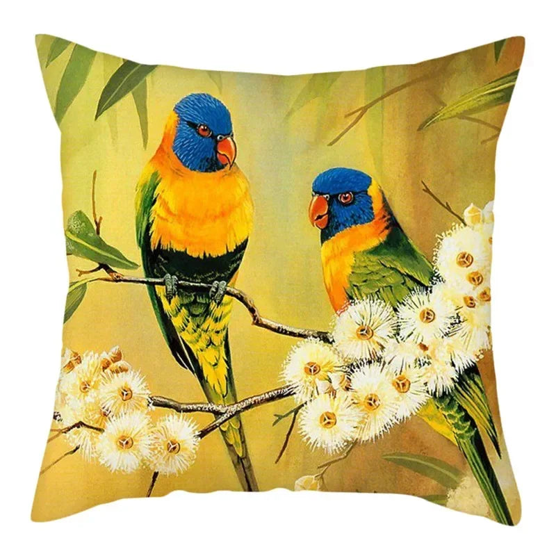 Axyaa Bird and Flower Printed Pillow Cover 45x45cm for Home Sofa Decor