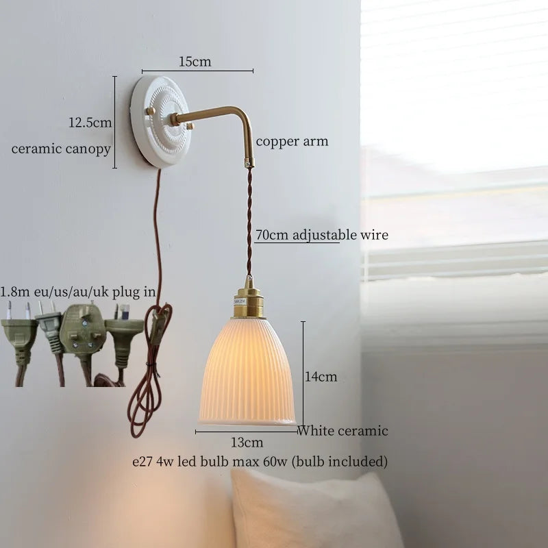 Axyaa Pleats Ceramic LED Wall Sconce Lamp with Adjustable Copper Arm
