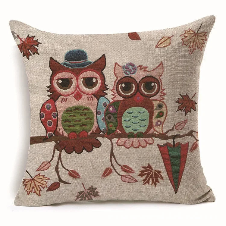 Axyaa Owl Linen Pillowcase: Office Car Sofa Living Room Decor 45x45cm