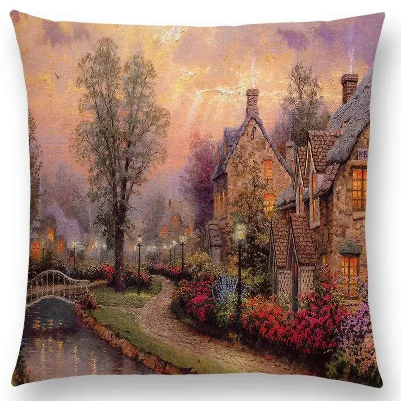 Axyaa Castle Lighthouse Scenery Painting Cushion Cover - Sofa Pillowcase
