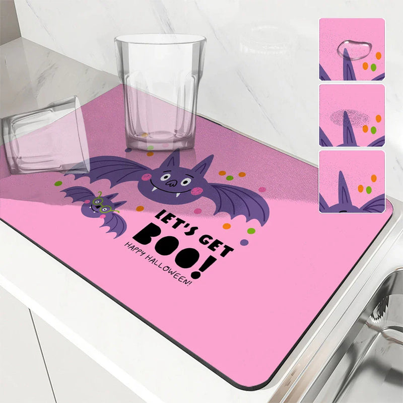 Axyaa Halloween Cat Drain Pad, Absorbent Anti-Slip Mat for Dishes and Cups