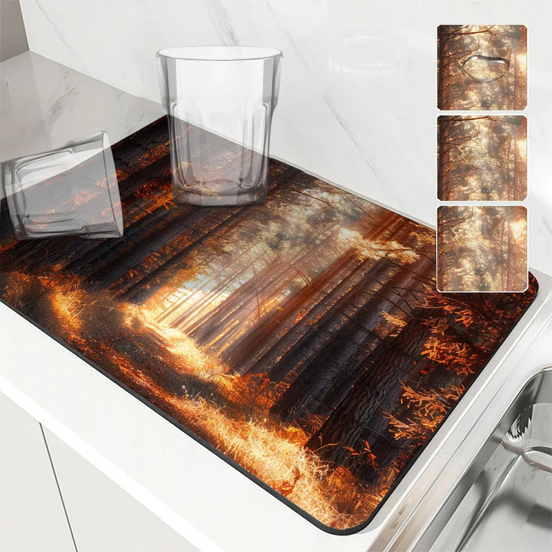 Autumn Scenery Kitchen Absorbent Draining Mat by Axyaa - Quick Dry Dish Drying Mat