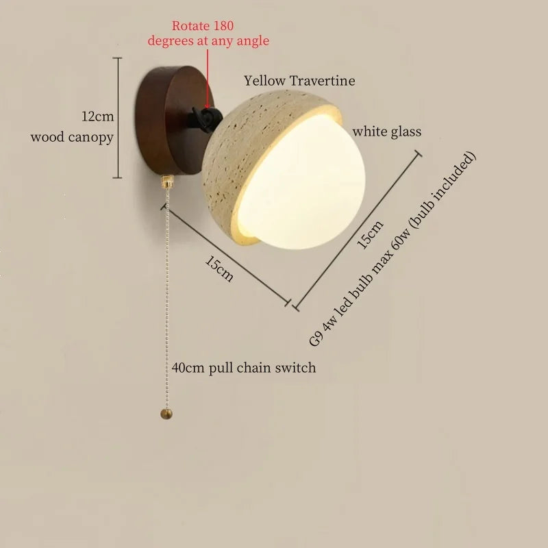 Axyaa White Glass LED Wall Lamps Pull Chain Yellow Travertine Modern Nordic Light