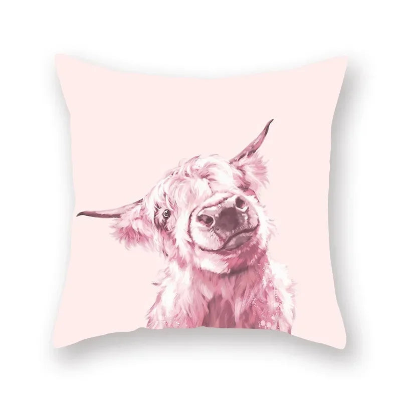 Floral Animal Painting Pillowcase Pink Cat Dog Llama Sofa Cushion Cover Home Decor