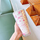 Axyaa Cherry Blossom Straw Water Bottle: Double Layer, Large Capacity Tumbler Cup