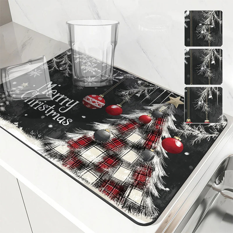 Axyaa Christmas Tree Fir Absorbent Draining Mat for Quick Drying in Kitchen and Bathroom