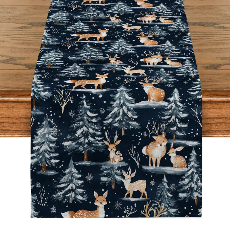 Axyaa Christmas Tree Deer Fox Table Runner for Dining Room