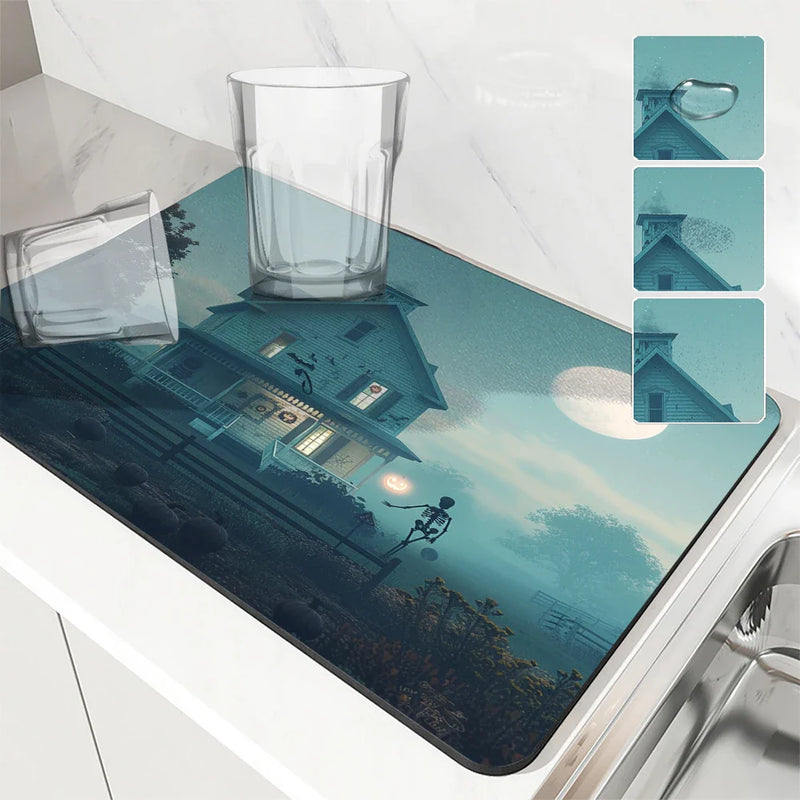 Skeleton Farmhouse Drying Mat by Axyaa: Non-Slip Absorbent Kitchen Counter Mat