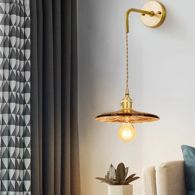 Axyaa Glass LED Wall Sconce Light Pull Chain Copper Applique Murale