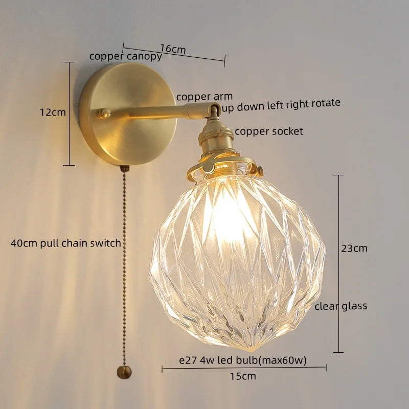 Axyaa Copper Glass Knob Switch LED Wall Light Fixture for Bedroom, Nordic Modern Arandela