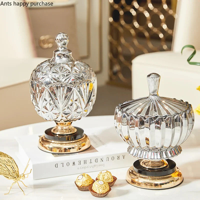 Axya Crystal Candy Jar with Gold Base Lid, Transparent Decorative Storage Jar