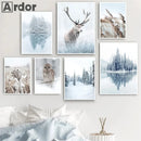 Axyaa Winter Lake Forest Owl Deer Snow Canvas Wall Art Print for Modern Home Decor
