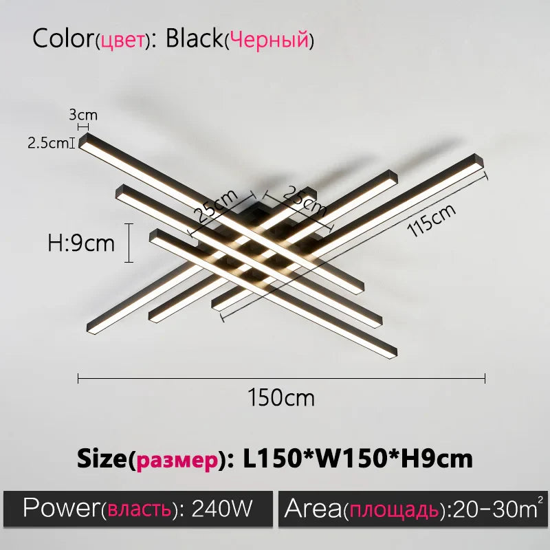Axyaa Black Chandelier Square LED Ceiling Lamp - Nordic Minimalist Creative Strip Lights