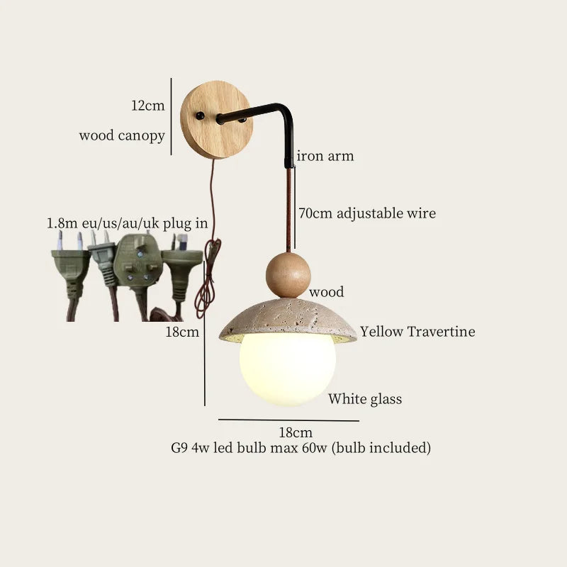 Axyaa Stone Glass LED Wall Light 70CM Adjustable Yellow Travertine Wabi Sabi Bedroom Lamp