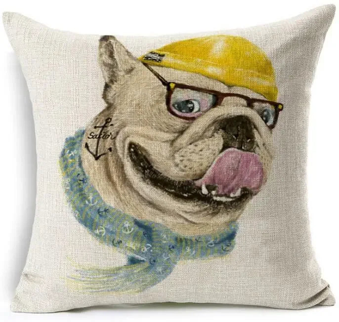 Square Linen Pug French Bulldog Pillow Cover by Axyaa