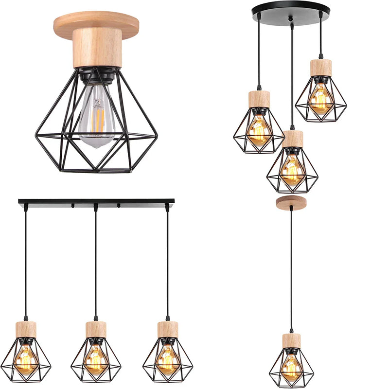 Axyaa Wood Iron Cage Pendant Lamp 1/3 Heads for Living Room Kitchen Restaurant