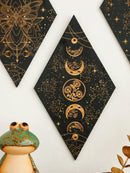 Axyaa Black Moon Phase Rhomboid Wooden Wall Decor - Boho Witch Aesthetic Wall Art