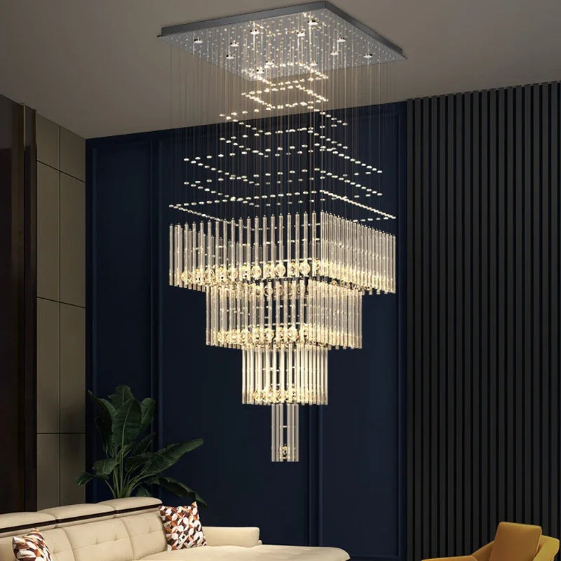 Axyaa Crystal Ceiling Chandelier: Modern Square Base Hanging Lamp for Living Room, Staircase, Loft