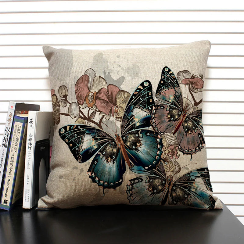 Axyaa Butterfly Linen Cushion Cover - Home Decor Pillowcase for All Seasons