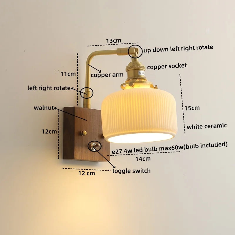 Axyaa Walnut Ceramic LED Wall Lamp with Pull Chain Switch