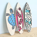 Tropical Surfboard Wooden Wall Art Set - Axyaa Ocean Decor with Turtle, Flower & Monstera