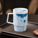 Axyaa Hand-painted Blue Lotus Ceramic Mug with Lid - Vertical Ink Pattern