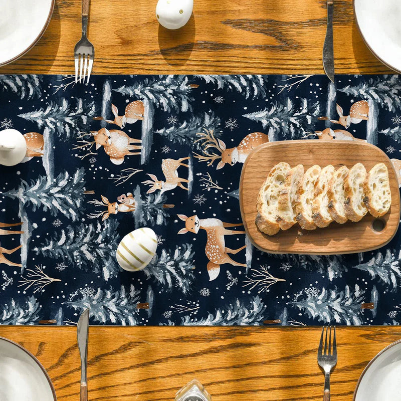 Axyaa Christmas Tree Deer Fox Table Runner for Dining Room