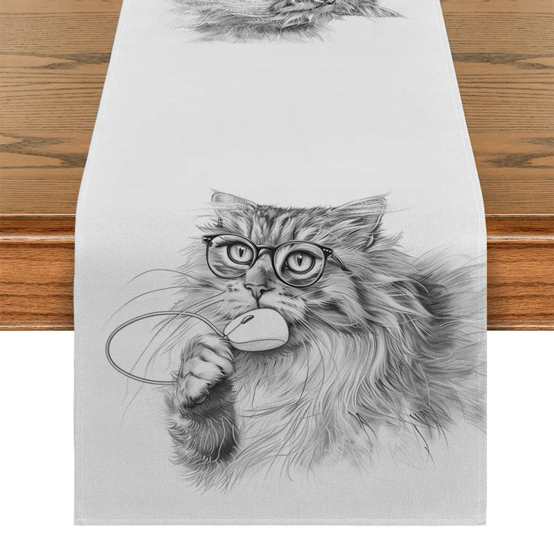 Axyaa Cat Glasses Mouse Pencil Drawing Table Runner