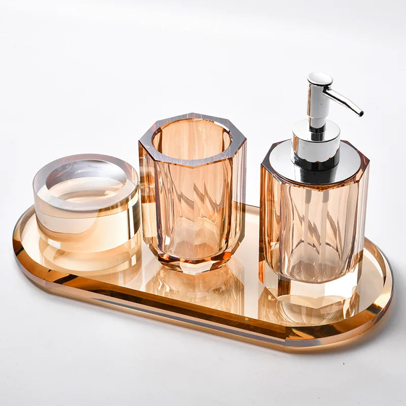Axya Crystal Bathroom Kit: Soap Bottle, Pump Dispenser, Soap Dish, Toilet Storage Bin