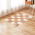 Axyaa Nordic Cotton Linen Tassel Rug - Handmade Checkerboard Tufted Mat for Living Room