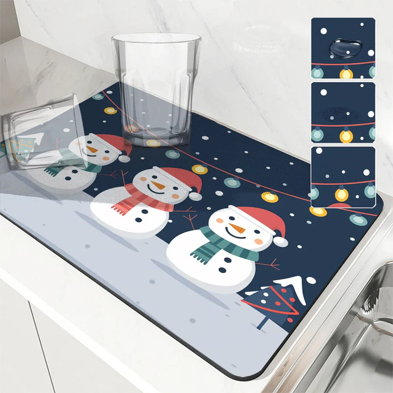Christmas Snowmen Snowflakes Drying Mat for Kitchen Table Decoration - Axyaa