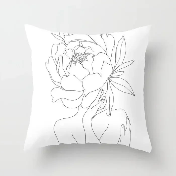 Minimalist White Pillow Cover - Axyaa Portrait Sketch Nordic Cushion