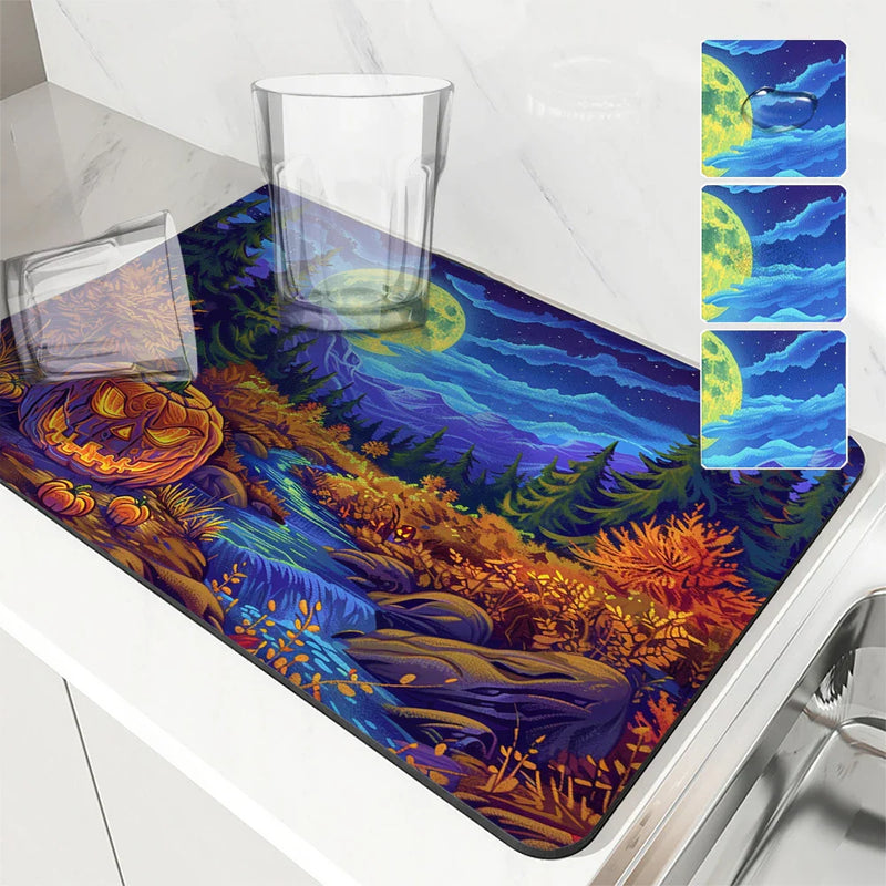 Axyaa Halloween Forest Moon Mountain Drying Mat