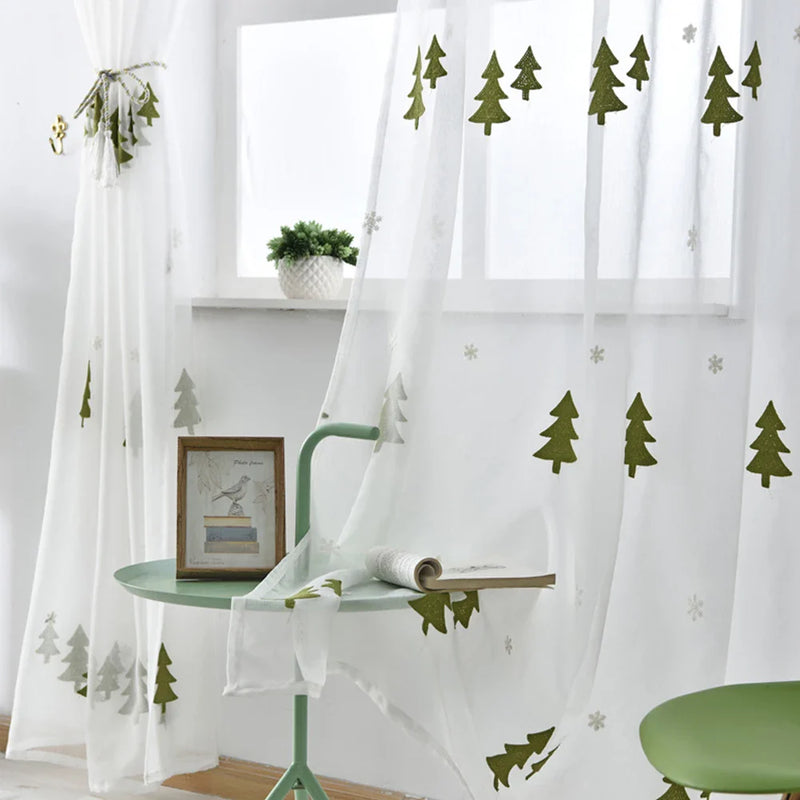 Axyaa Christmas Tree Sheer Tulle Voile Drapes Embroidered Window Screen × 1