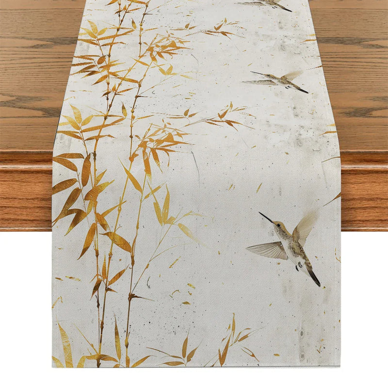 Axyaa Bamboo Leaves Hummingbird Table Runner - Farmhouse Dining Wedding Party Decor
