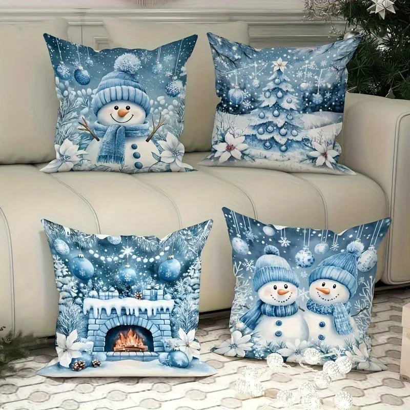 Axyaa Winter Christmas Pillow Cover - Festive Snowman, Tree, Fireplace Design in Blue
